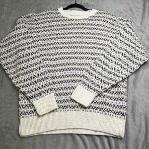 Claiborne Sweater Mens Medium White Fair Isle Knit Crewneck Pullover Made USA